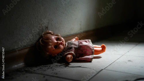 Abandoned doll on dirty floor, evokes sense of neglect and sadness