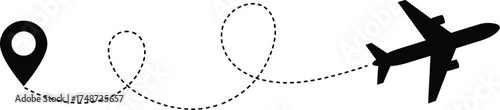 Skyward Journey: A stylized silhouette of an airplane takes flight from a pinpoint location, charting a dotted path across the sky, symbolizing travel and the pursuit of adventure.