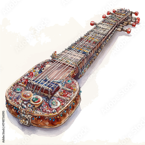 Sitar, watercolor painting vector, isolated on a white background.