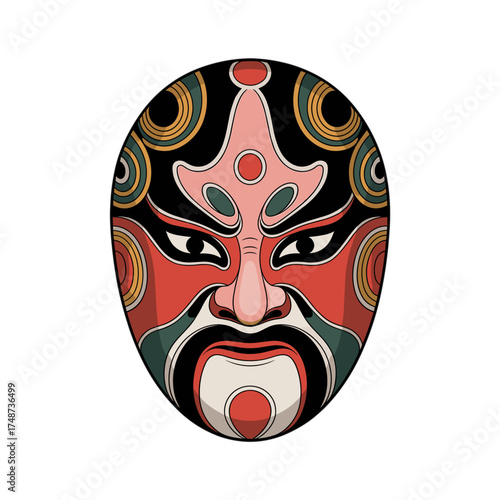 Chinese opera mask in vibrant colors, depicted in a hand-drawn illustration