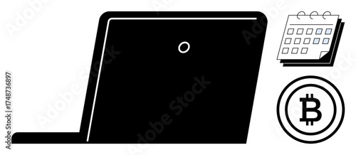 Laptop silhouette paired with a calendar and Bitcoin icon symbolizing cryptocurrency, digital planning, remote work, fintech innovation, blockchain, freelancing, and productivity. Simple flat