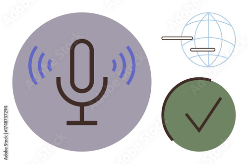 Microphone emitting sound waves, globe symbolizing communication and networking, and a checkmark for approval or validation. Ideal for technology, audio, communication, AI, global connectivity