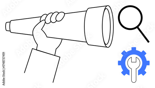 Hand holding a telescope representing vision and discovery, magnifying glass for precision, gear wrench for solutions. Ideal for strategy, planning, research, innovation, tools, mechanics simple