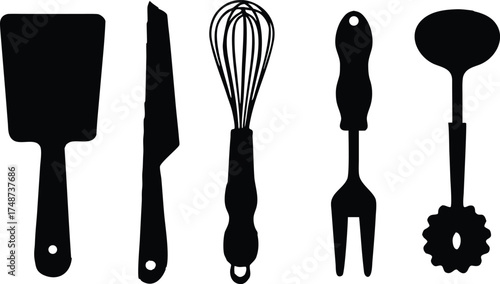 Collection of kitchen utensils including spatula knife whisk fork and spoon silhouette isolated on white background