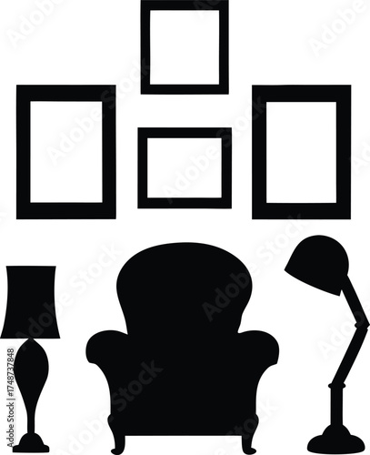 Living room furniture and empty picture frames arranged in a silhouette isolated on white background