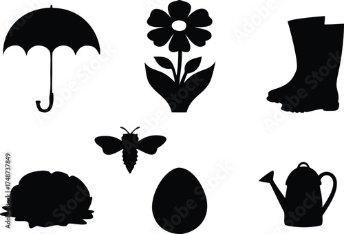 Collection of spring and garden silhouettes isolated on white background