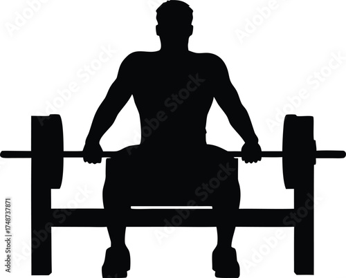 Man bench pressing weights in a gym silhouette isolated on white background