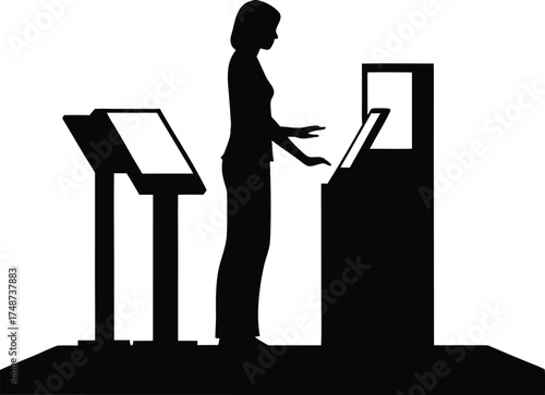 Silhouette of a woman interacting with digital kiosks isolated on white background