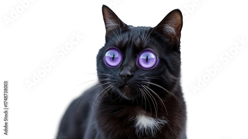 A sleek black cat stares intently with glowing, vibrant purple eyes, radiating an otherworldly gaze.