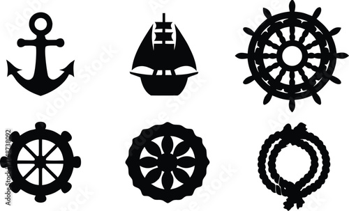 Collection of nautical maritime symbols as black silhouettes isolated on white background