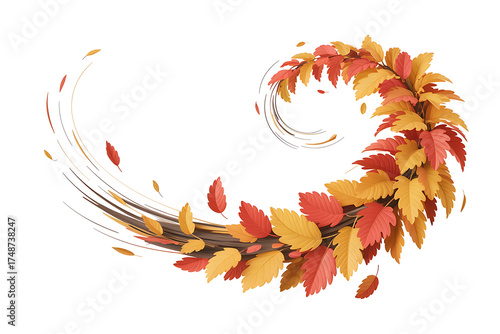 Whirling autumn leaves in shades of red, orange, and yellow create a dynamic, swirling design.