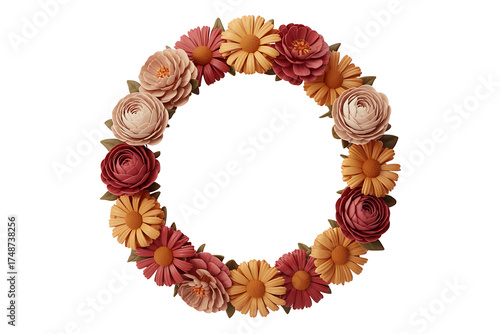 Circular floral wreath featuring warm autumnal colors, creating a delicate and natural decorative arrangement.