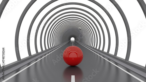 Abstract tunnel with concentric circles, a red sphere centered, conveying depth and perspective.