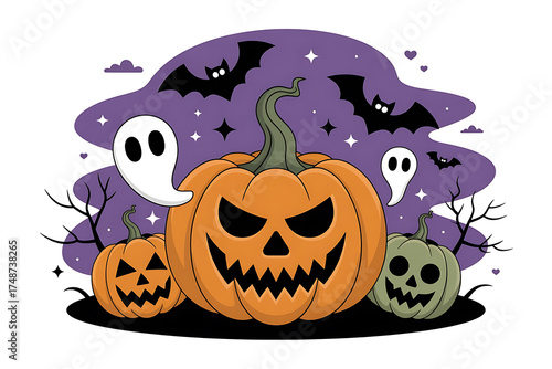 Spooky Halloween scene with pumpkins, bats, and ghosts, creating a festive, eerie atmosphere.