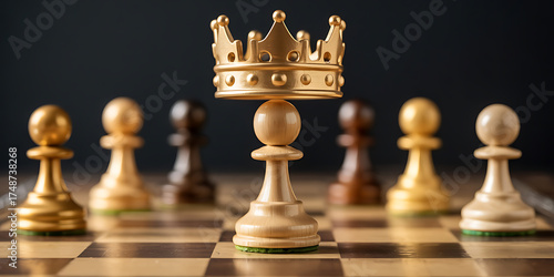 Golden crown sits triumphantly above a chessboard, symbolizing power, strategy, and regal authority.