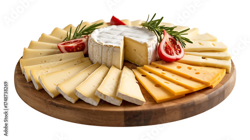Assorted cheeses, herbs, and tomatoes artfully arranged on a wooden board, a delightful spread.