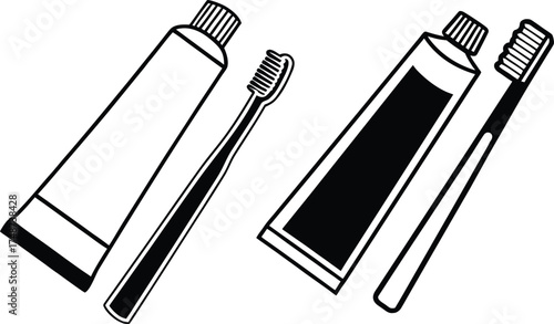 Two toothbrushes and toothpaste tubes silhouette isolated on white background