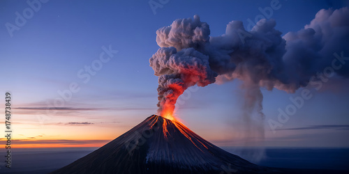 Volcanic eruption glows against a dramatic sunset sky, showcasing nature's raw power.