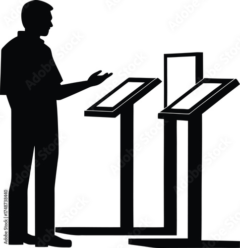Man interacting with digital displays silhouette isolated on white background