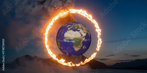 Fiery ring encircles a globe, representing environmental crisis, global warming, and planetary peril.