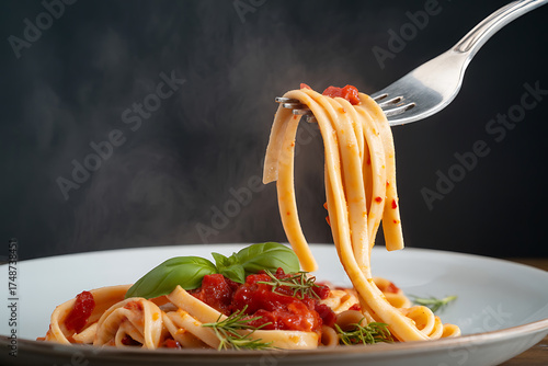 Fork twirls vibrant pasta with rich tomato sauce, garnished with fresh basil leaves.
