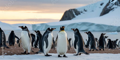 A group of penguins stand on a snowy shore, with icebergs and mountains in the distance.