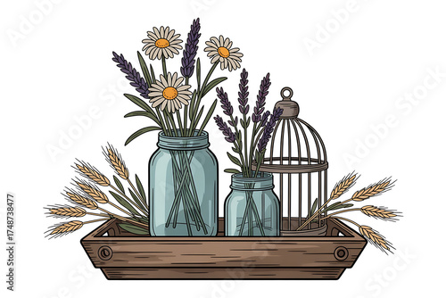 Rustic arrangement of wildflowers, lavender, and wheat in vintage jars and a birdcage.
