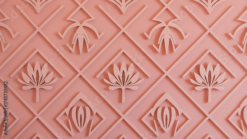 Intricate, repeating diamond and floral pattern carved into a pink surface, exhibiting detailed relief.