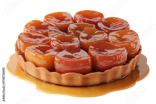 Golden-brown caramelized apples arranged atop a flaky crust, a sweet and decadent dessert.