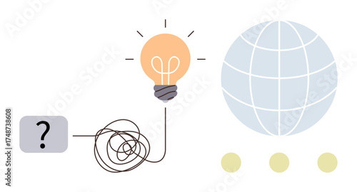 Question mark leads to tangled line connecting a glowing light bulb and globe. Ideal for innovation, global ideas, creative thinking, problem-solving, solutions, inspiration, minimalism. Simple flat
