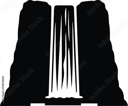 Black silhouette of a powerful waterfall cascading down rocky cliffs isolated on white background silhouette