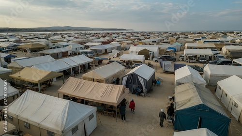 Vast tent settlement stretches across arid landscape, showing temporary shelters and displaced community.
