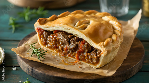 Golden-brown savory pie sits on wooden board, revealing rich filling, herbs garnish.