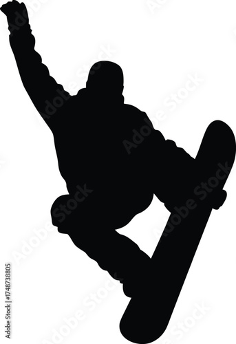 Silhouette of a snowboarder performing a jump trick isolated on white background