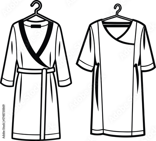 Two different styles of robes or dressing gowns silhouette isolated on white background