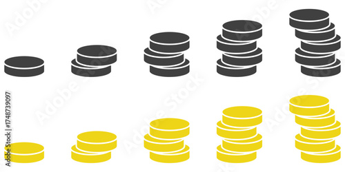 Stacked black and gold coins isolated on white background