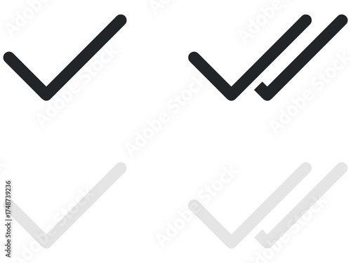 Simple double tick sign. Read message icon. Viewed message symbol. Black and grey checkmark illustration.