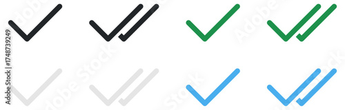 Simple double tick sign. Read message icon. Viewed message symbol. Blue, black and green checkmark illustration.