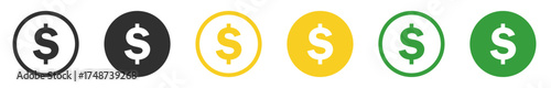 Simple set of black, gold and green dollar coins in both solid and outline variations