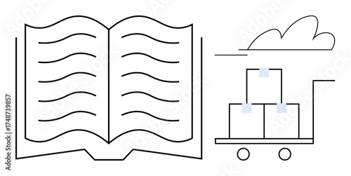Open book with text lines alongside a cart carrying three stacked boxes under simple cloud lines. Ideal for education, knowledge, reading, logistics, delivery, transportation, supply chain, simple