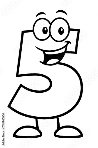 Happy Cartoon Number Five Character - Smiling Mascot Line Art for Kids and Learning