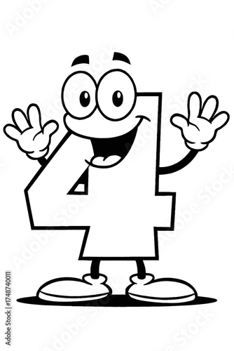 Happy Cartoon Number Four Character - Smiling Mascot with Waving Hands Line Art for Kids and Learning