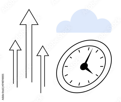 Clock paired with arrows pointing upward and a cloud conveys growth, acceleration, and time management. Ideal for productivity, success, scheduling, innovation, future, efficiency simple flat