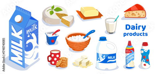 Set of dairy products icons in flat style isolated on white background. Vector collection for food design, packaging, grocery advertising, healthy nutrition and organic farm concepts.