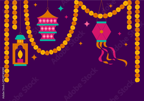Diwali Festival of Lights abstract social media web banner advertisement. Diwali Hindu festival cute background with traditional lanterns