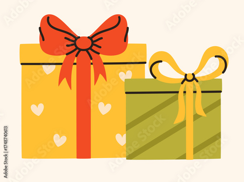 Festively wrapped gift boxes. Holiday elements.