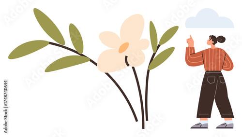 Woman pointing at a small cloud while standing near a large flowering plant with green leaves. Ideal for nature, mindfulness, exploration, growth, curiosity, simplicity, eco-awareness. A simple flat