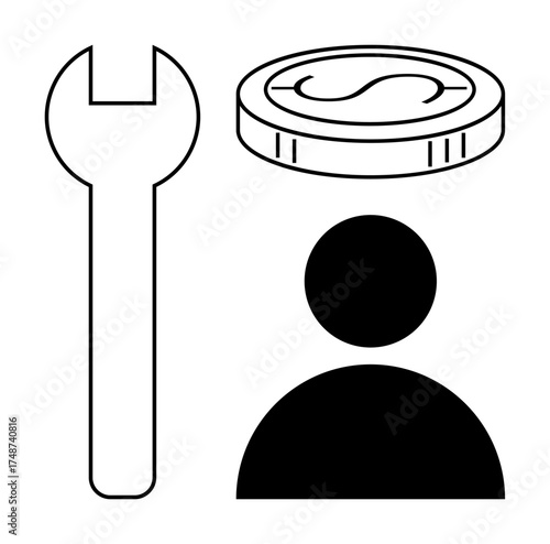Wrench, coin with currency icon, and user symbol show themes of labor, finance, user focus. Ideal for technology, repair, investment workforce economy customer service. Simple flat metaphor