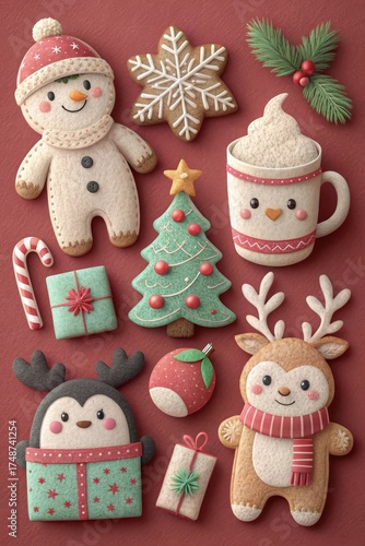 Handmade-Texture Christmas Icons – Cocoa Mug, Penguin, Reindeer Headband, Holly, Gift Box