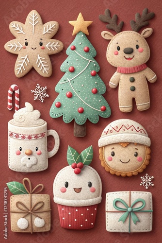 Soft Fluffy Holiday Collection on Red Background – Cozy Christmas Illustrations for Kids